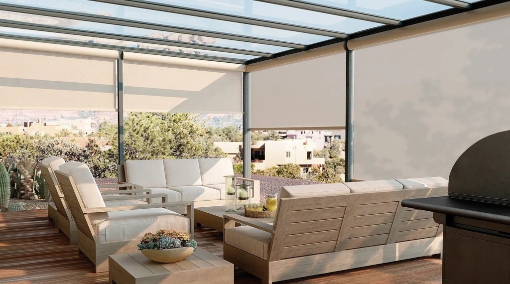 Custom shades in the sunroom of a Sedro-Woolley, WA home
