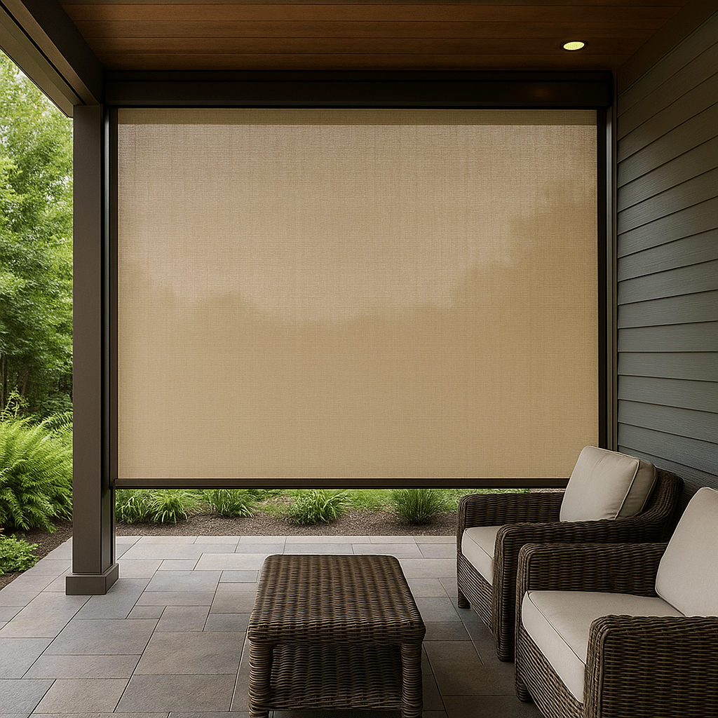 Outdoor privacy screen on a modern covered patio with wicker seating and beige motorized shade