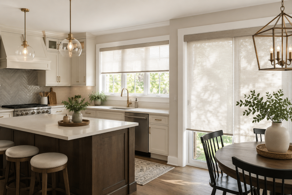 Modern Lynden WA kitchen with soft neutral roller shades, bright natural light, and stylish low-maintenance kitchen window treatments.